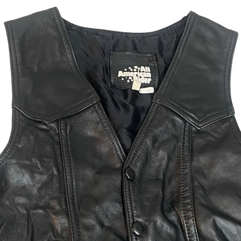 All American Rider Black Faux Leather Biker Button Motorcycle Pockets Vest Sz M